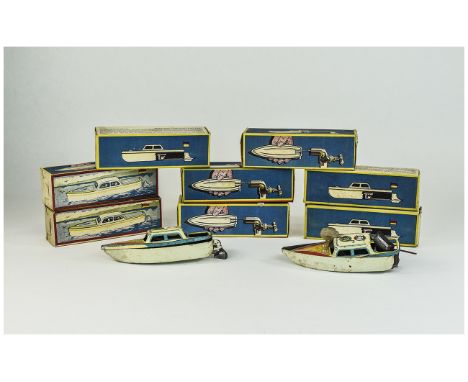 Vintage German Collection of Boxed Tin Motor Boats ( 10 ) In Total. All In Original Boxes - See Photos.