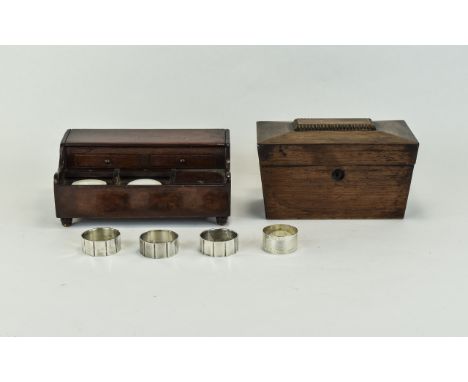 Small Mixed Lot Comprising Wooden Novelty Desk Tidy, hinged top with concave recess above two drawers containing nibs and thr