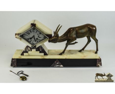 French Art Deco Figural Mantle Clock Lozenge Shaped Silvered Dial Marked Bouchard Auxerre, Deco Arabic Numerals, Marble Case,