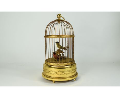 Swiss - Nice Quality Automaton Singing Birds - Two In Gilt Brass Cage, Very Realistic Sound Both Birds Move and Sing Clearly 
