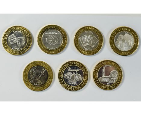 American Casinos Las Vegas Collection of Vintage 10 Dollar Gaming Chips / Token, All Marked .999 Fine Silver, 7 Silver Chips 