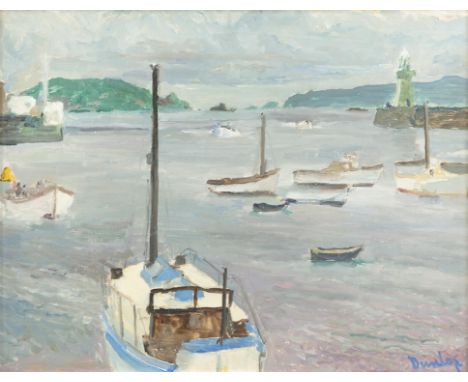Ronald Osserey DunlopGuernsey Harbour with Isles of Herm and JethouOil on board, 38.7 x 48.8cm (15¼'' x 19¼'')Signed