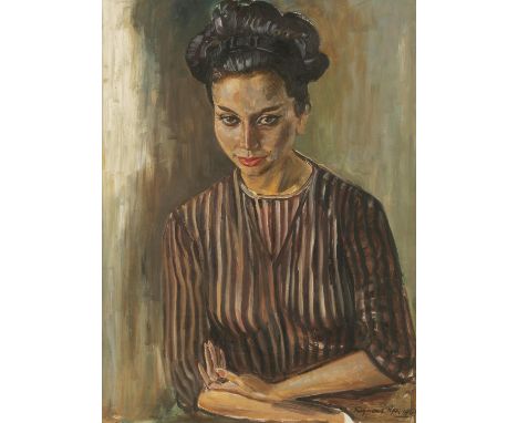 Raymond Piper HRHA HRUA (1923-2007)Portrait of a Woman in a Striped DressOil on board, 70 x 51cm (27½ x 20'')Signed and dated