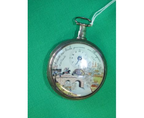 Open face pocket watch with enamel military picture dial with chain driven movement in a silver case