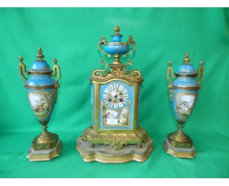 French porcelain 3 pieces mantle clock garniture