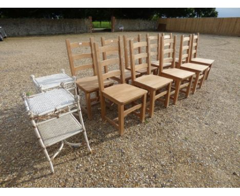 Set of 10 modern beech ladder back chairs &  two white wicker tables