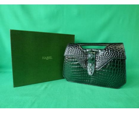 Ladies vintage green leather clutch bag, stamped HAREL, Paris with original cover &  box