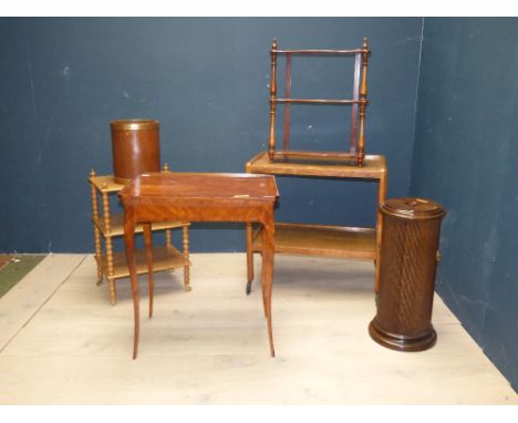 French Kingwood side table with end frieze drawer, bobbin turned whatnot, oak trolley, stick stand etc.