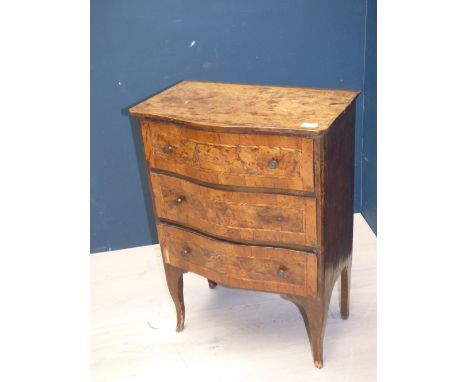 C19th continental walnut commode of bowfront outline fitted 3 long drawers on cabriole legs 