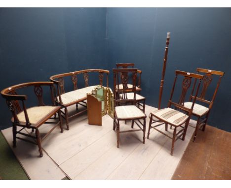 Edwardian mahogany suite of 2 armchairs, sofa &  4 side chairs, standard lamp, dressing table mirror