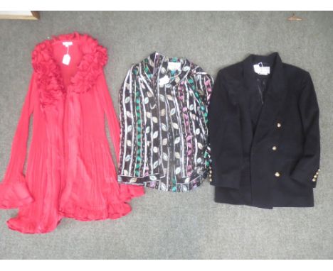 Ladies Jaeger wool blazer with Gold embossed buttons & a Frank Usher glitzy evening jacket & a red chiffon jacket