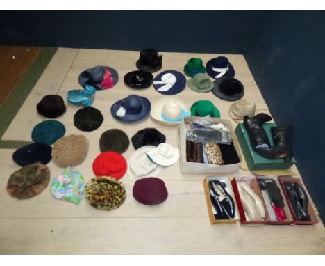 Qty of ladies vintage hats, shoes, large quantity of silk scarfs, fur accessories and gloves
