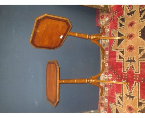 Pair of Regency style walnut crossbanded &  parcel gilt tripod tables, 77cmH &  a pair of gilt &  painted bedroom chairs