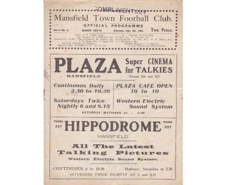 MANSFIELD - SOUTHPORT 1933   Mansfield home programme v Southport, 9/9/1933, Division 3 North. After playing in the Southern 