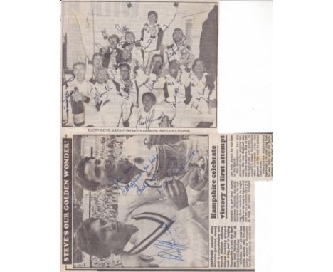 CRICKET-HAMPSHIRE CCC   Signed  newspaper picture cuttings showing Hampshire CCC players winning the Benson & Hedges Cup at L