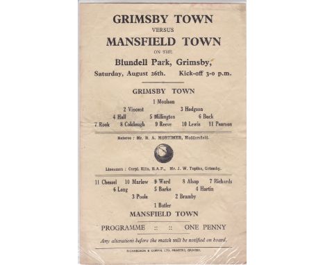 GRIMSBY- MANSFIELD 44  Scarce single sheet Grimsby home programme v Mansfield, 26/8/44 and first game of the new season but a