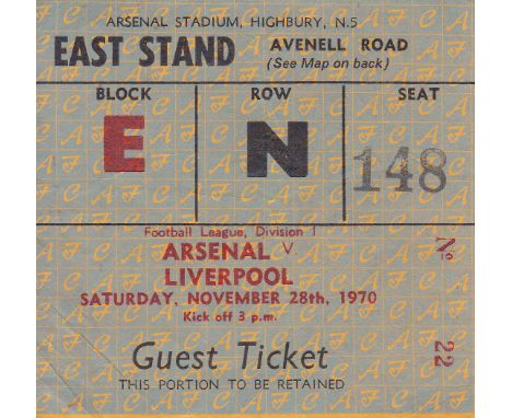 ARSENAL - TICKET    Ticket Arsenal v Liverpool 28 Nov 1970. Double season. Light vertical fold.    Generally good