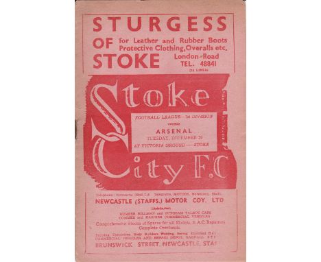 ARSENAL    Programme for the away League match v Stoke City 26/12/1950, pink edition, team changes    Generally good