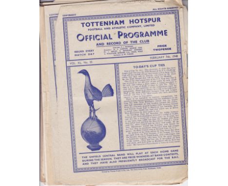 TOTTENHAM HOTSPUR     Twenty programmes including 16 homes 1948 - 1960. 1947/8 X 2 v. Leicester FA Cup frayed and v. Cardiff,