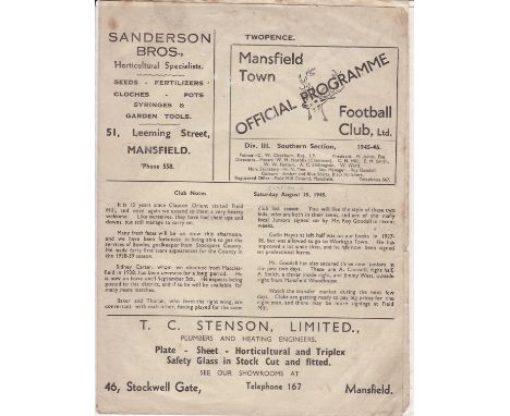 MANSFIELD - CLAPTON ORIENT 45    Four page large format Mansfield home programme v Clapton Orient 25/8/45 and first match of 