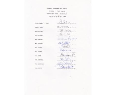CRICKET    England complete Team sheet for the side who played West Indies, Headingley July 1989, 12 signatures inc C.S. Cowd