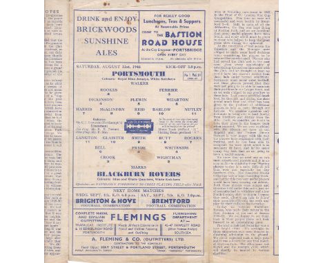 PORTSMOUTH - BLACKBURN 46   Portsmouth home programme v Blackburn, 31/8/46 and a long journey for Rovers in what was both tea