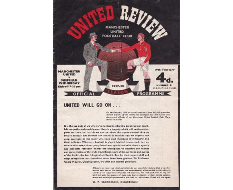 MAN UTD - SHEF WED 58 CUP   United home programme for the first match played after the Munich Air Tragedy, v Sheffield Wednes