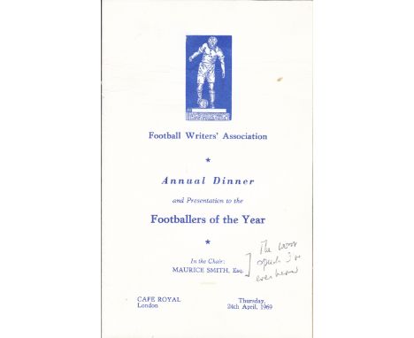FOOTBALLER OF THE YEAR 1969    Menu for the Football Writers Association Annual Dinner and presentation to the Footballer of 