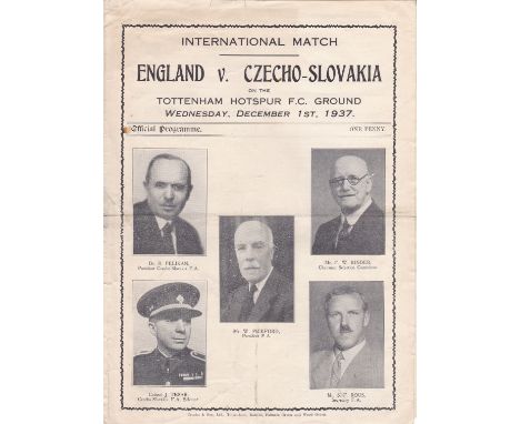 ENGLAND - CZECHOSLOVAKIA 1937  England home programme v Czechoslovakia, 1/12/1937 at Tottenham, pencil score, scores etc note