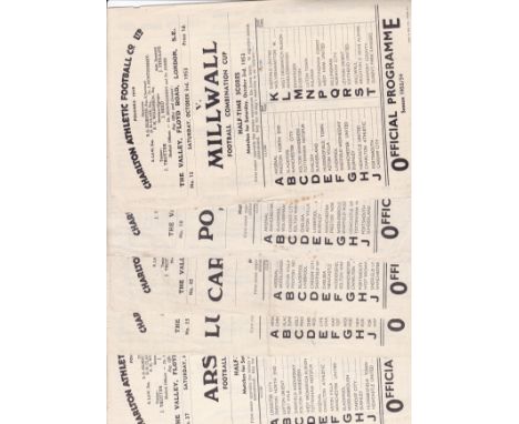 CHARLTON RESERVES 53-54   Five Charlton home single sheet Reserves programmes, 53/4, v Millwall (Comb Cup), Portsmouth (Comb 