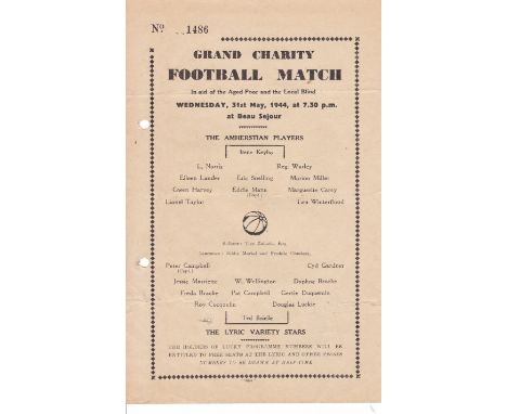 GUERNSEY 1944   Exceedingly scarce wartime programme for a match played at Beau Sejour, Guernsey, 31/5/44. The Amherstian Pla