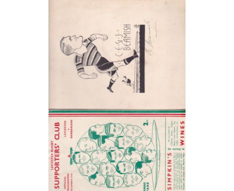 LEICESTER RUGBY 1934    Programme Leicester v Barbarians, 27/12/1934 , all the Barbarians players were Internationals , sligh