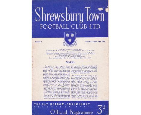 SHREWSBURY 51-52   Shrewsbury home programme v Watford, 18/8/51 and first game in Third Division South for Shrewsbury who had