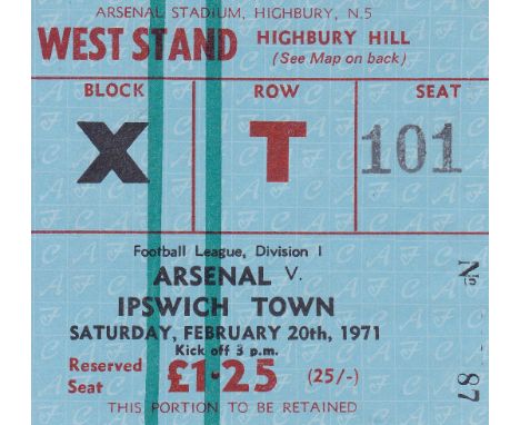 ARSENAL - TICKET   Ticket Arsenal v Ipswich 20 Feb 1971. Double season.   Generally good