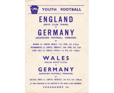 YOUTH FOOTBALL 1956   Programme covering three games played by Germany Youth on their tour of England in 1956 plus a game in 