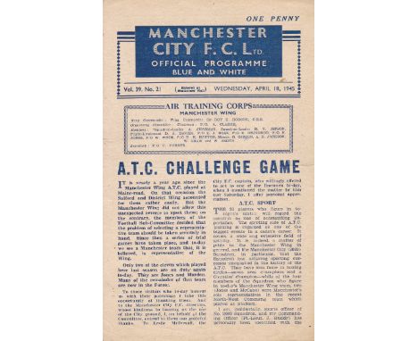 WARTIME-MAN CITY 1945    Scarce single sheet Manchester City programme , vol 39 number 21 for the challenge game between Manc