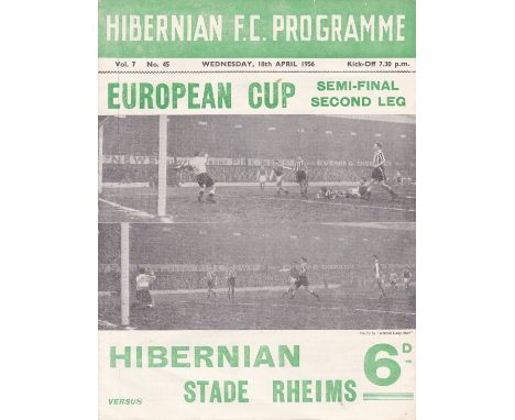 HIBERNIAN - STADE RHEIMS 1956   Hibernian home programme v Stade De Rheims, 18/4/56, European Cup Semi-Final, first year of t