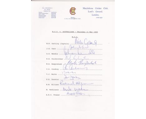 CRICKET   M.C.C Team sheet for the side who played Australia, 12 May 1989 on M.C.C headed notepaper, 11 signatures inc Gattin