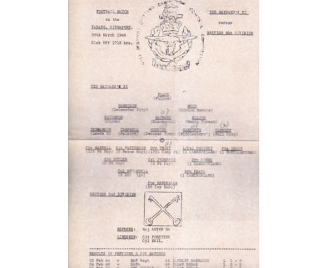 WARTIME FOOTBALL - SINGAPORE    Scarce football programme, Ted Haywards XI v British 2nd Division, 29/3/46 at Padang, Singapo