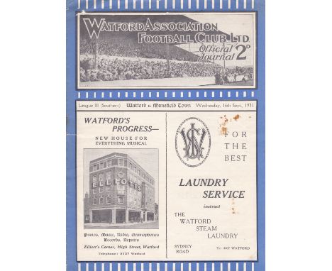 WATFORD - MANSFIELD 1931   Watford home programme v Mansfield, 16/9/1931, first Football League season for Mansfield Town who