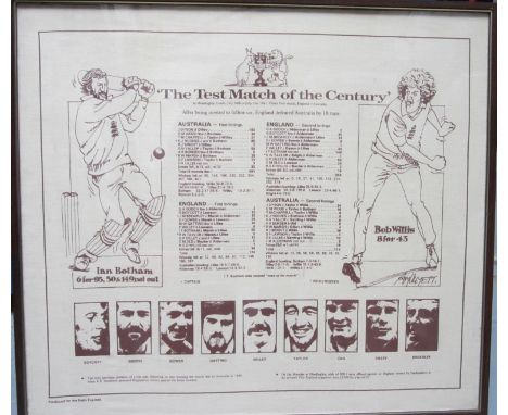 TEST MATCH OF THE CENTURY      Print of scorecard from the famous 1981 England v Australia test at Headlingley. Framed and gl