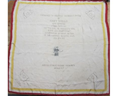 BOXING    Large silk type material cloth measuring circa 90cm square and printed upon it is "Presented to George McDonald by 