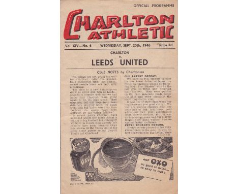 CHARLTON - LEEDS UTD 46   Charlton home programme for midweek game v Leeds United, 25/9/46, low attendance, slight fold, team