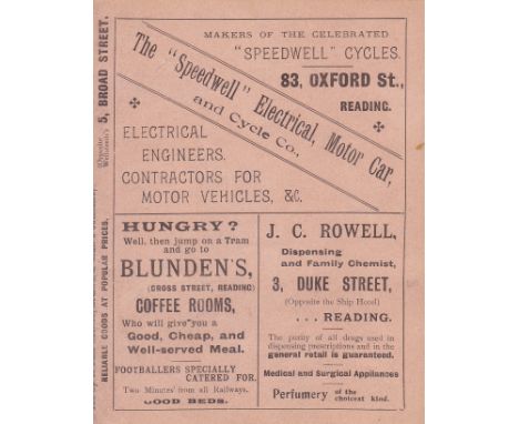 READING FC 1898   Four page fold over programme, Reading v Bedminster, 8/10/1898, Southern League Division 1. First team game