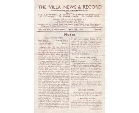 ASTON VILLA     Aston Villa v Derby County programme Football League North and Midland Cup Final, 19 May 1945, 4 page. Light 