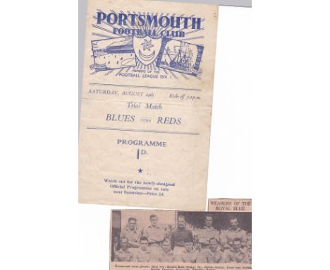 PORTSMOUTH 46-47   Four page Portsmouth Trial Match programme, Blues v Reds, 24/8/46,  first post-war programme with a note i