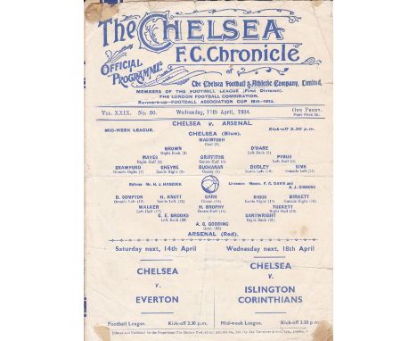 CHELSEA / ARSENAL     Two single sheets Not ex bound volume, Chelsea Reserves v Arsenal Reserves both at Stamford Bridge 11 A