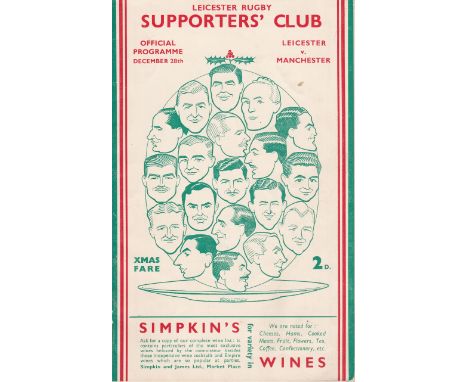LEICESTER RUGBY 1934   Programme Leicester v Manchester, 28/12/1934, two games in two days for Leicester as they took on Manc