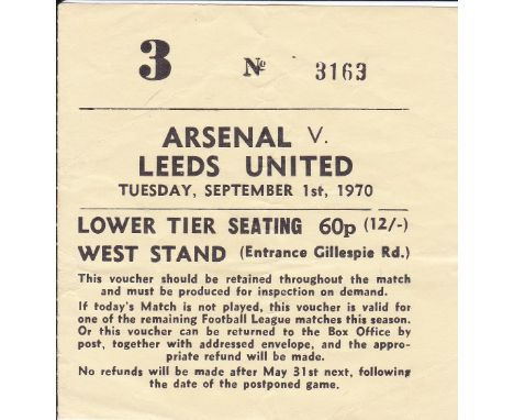 ARSENAL - TICKET    Ticket Arsenal v Leeds 1 Sept 1970. Double season. Light vertical fold.   Generally good