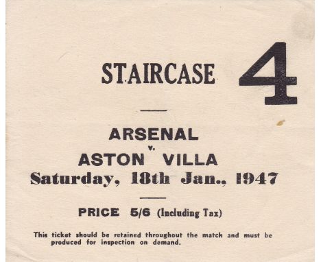 ARSENAL - TICKET     Ticket Arsenal v Aston Villa 18 Jan 1947. Light vertical fold.   Generally good